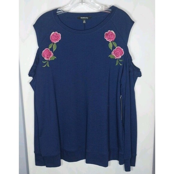 Relativity Women's Top 2X Blue Embroidered Cold Shoulder Floral Boho Cottagecore - Picture 1 of 10